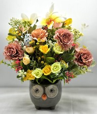 Ceramic Owl Planter with Yellow/Peach Roses - Perfect Owl Lover Gift