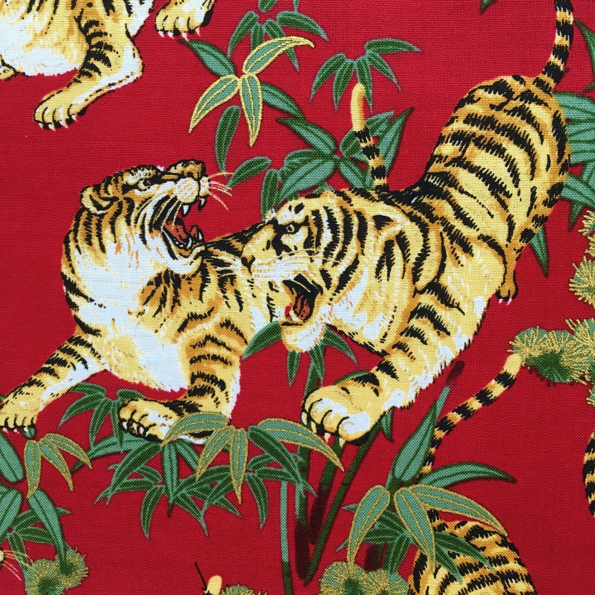 Tiger fabric, red metallic gold, oriental chinese asian