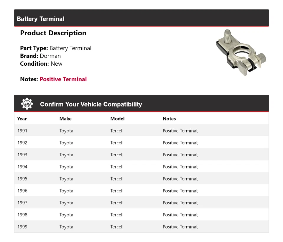 Terminal de batería para Toyota Tercel Dorman 1991-1999 1992 1993 1994 1995 1996 Foto 2 de 4