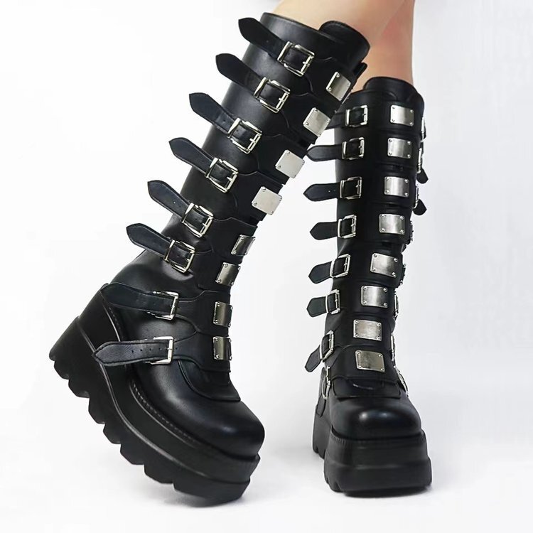ぬ　multi-buckle stitched boots punk Women's Punk Multi Buckles Platform Boots Zip Chunky Heel Gothic