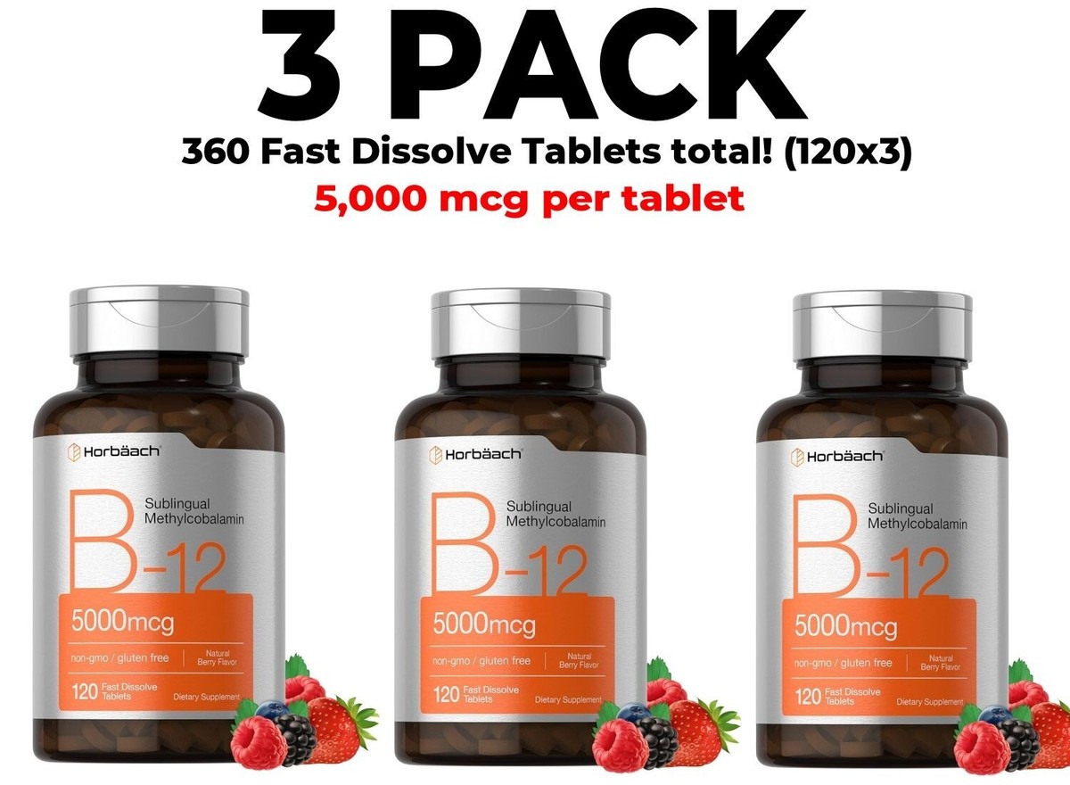 Horbaach Vitamin B12, 3 PACK, Sublingual Methylcobalamin, 5000 mcg, 120  Tablets | eBay UK