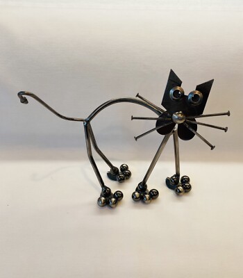 Handmade Steel Metal Welded Kitty Cat 6” X 7” Statue Whimsical Art 