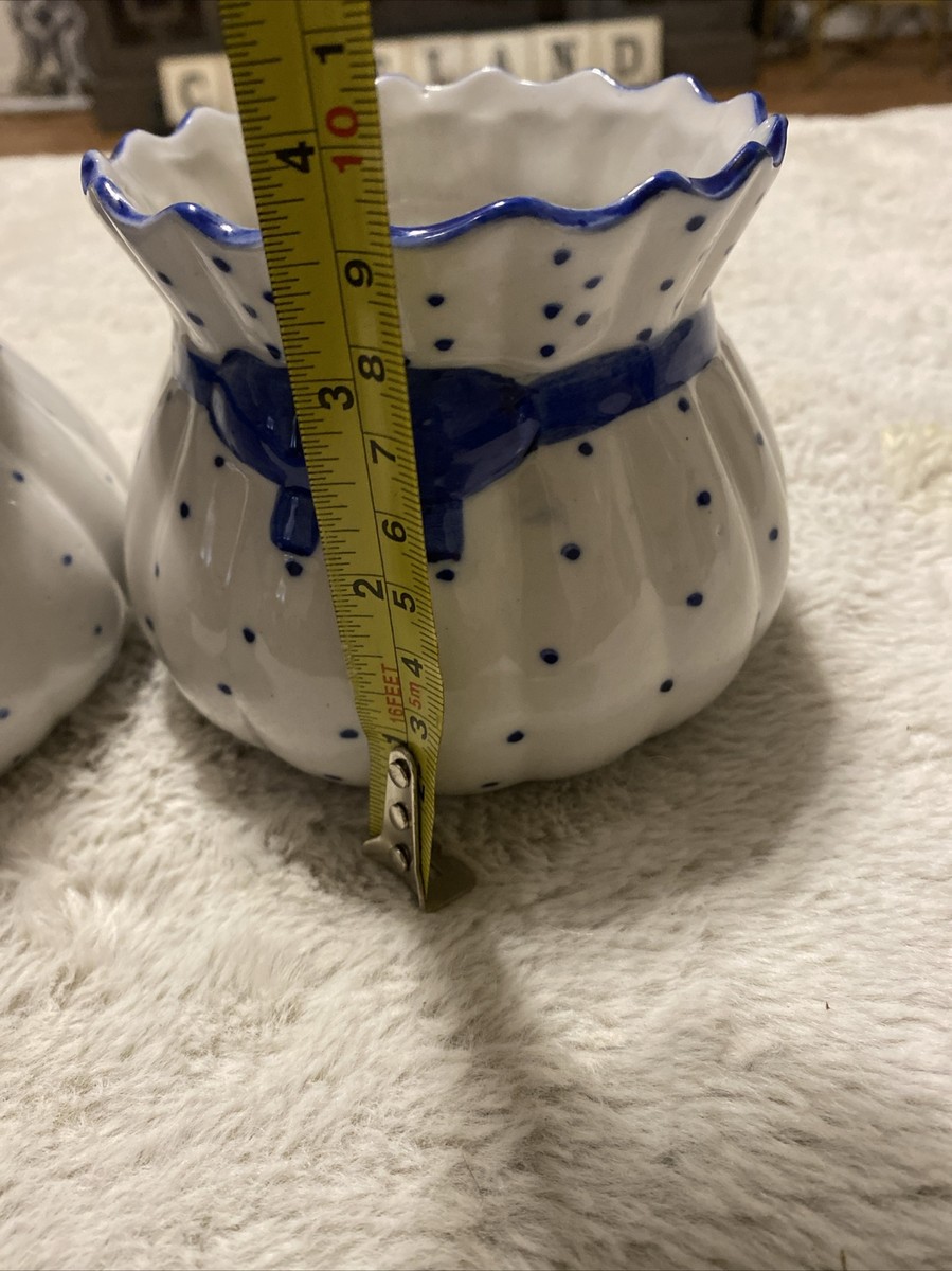 2 Vintage Porcelain White Bowl/Planter W/Blue Polka Dots W/Blue