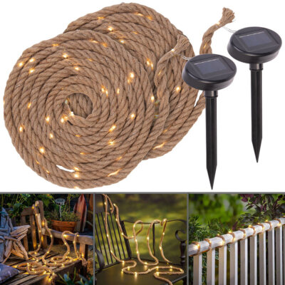 Lunartec 2er-Set Solar-Seil-Lichterkette aus Naturfasern, 60 eingearbeitete LED