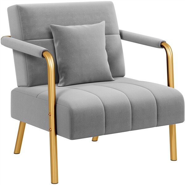 Velvet Oversized Armchair With Gold Metal Frame, Light Gray
