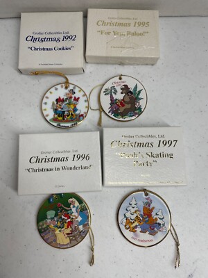 LOT OF 4 GROLIER DISNEY PORCELAIN DISCS! CHRISTMAS 1992, 1995, 1996, & 1997
