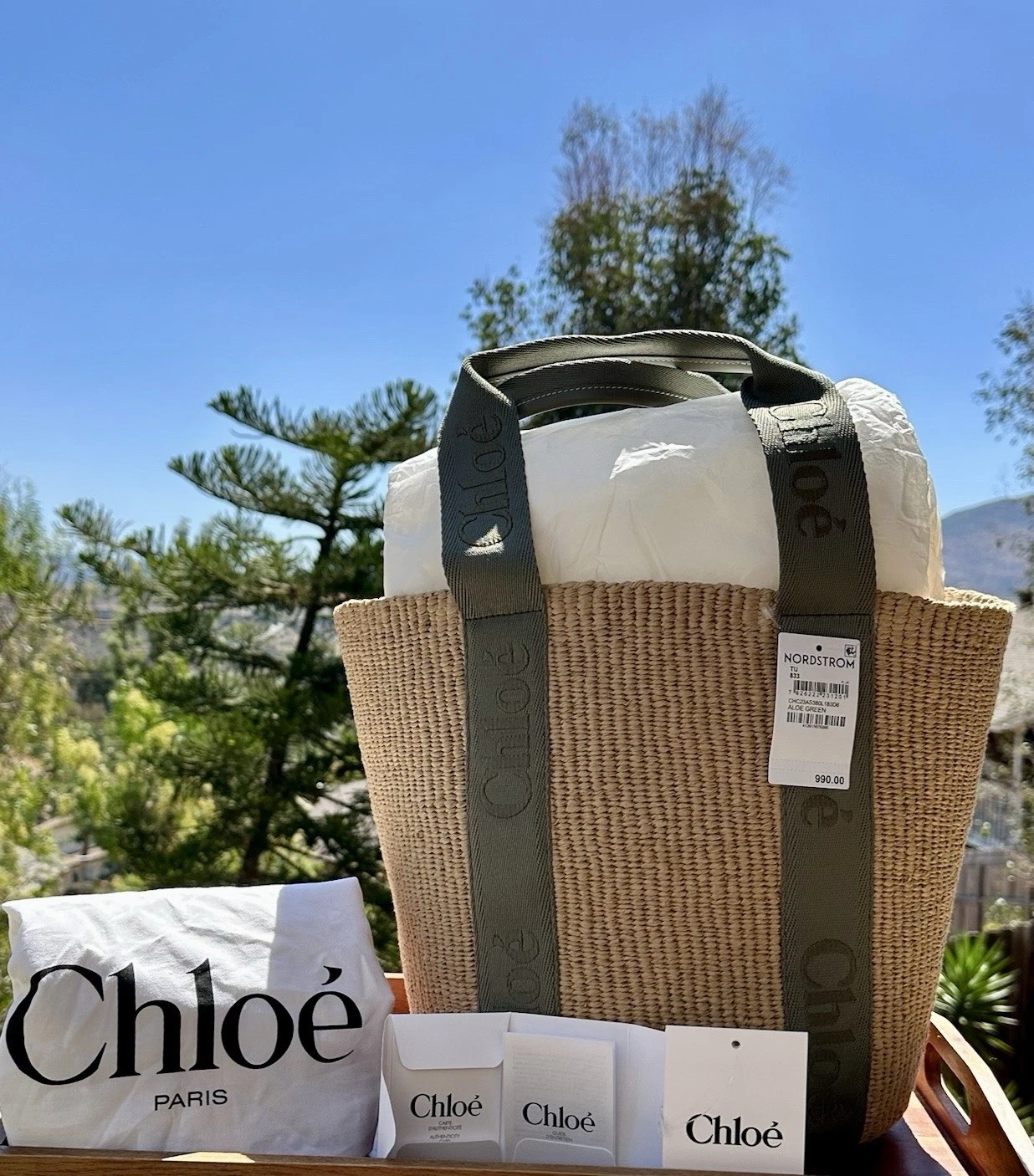 Chloe — Authentic Chloe x Mifuko Woody Large Basket Tote Aloe Green Raffia NWT