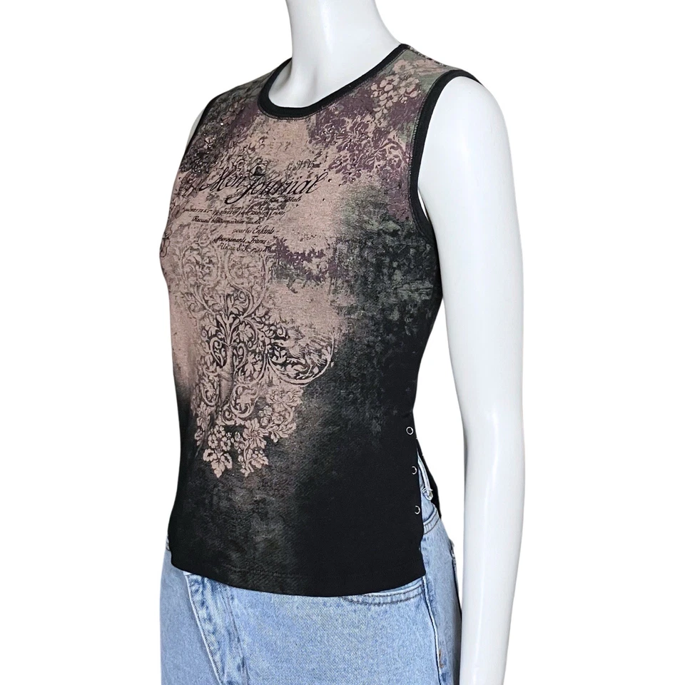 Camiseta sin mangas vintage Y2K Cyber Grunge Fairy estrás ajustada Minnie. M/L. Bedazzled Foto 2 de 4