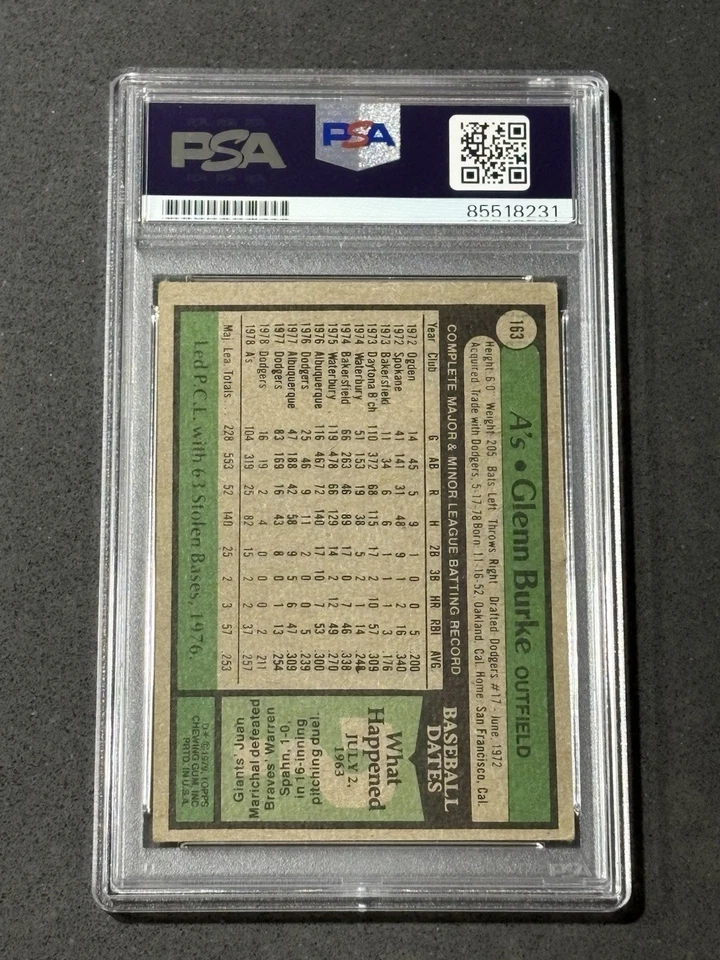 GLENN BURKE 1979 TOPPS SIGNED AUTOGRAPHED CARD #163 A’S PSA/DNA CERTIFIED - Image 2 of 2