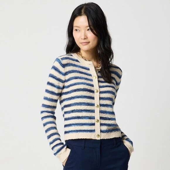 Novo com etiquetas J.Crew tamanho de fábrica XS cardigã listrado slub suéter azul botão de aveia - Imagem 2 de 4