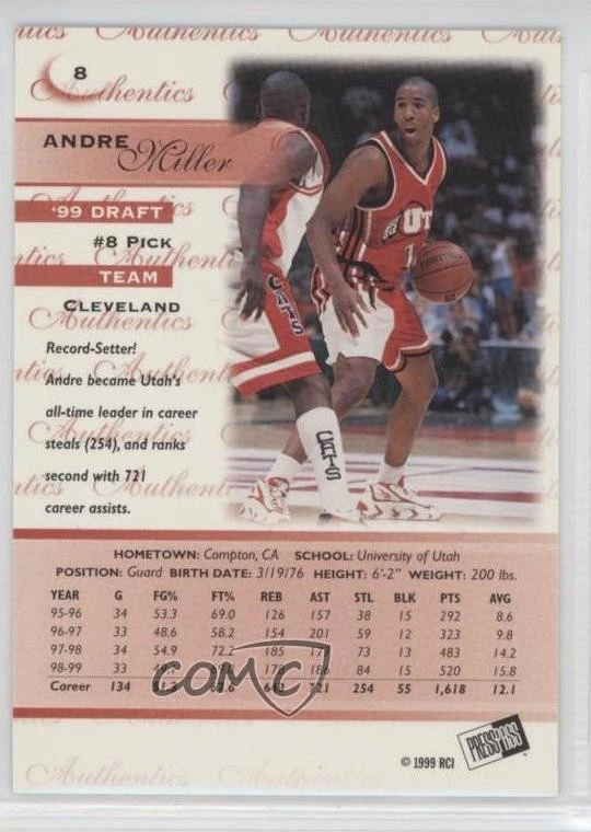 1999 Press Pass Authentics Hang Time Andre Miller #8 Rookie RC - Image 2 of 2