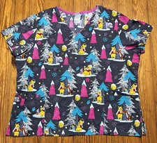 Disney Winnie the Pooh  Friends Winter Scrub Top V-Neck Size 2X Tigger Eeyore