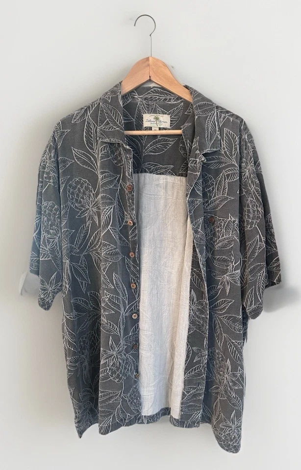 Camisa Island Shores Hombre 3XL Alta Gris Seda Floral Jacquard Hawaiano Playa Botón Foto 3 de 4