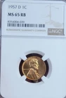 1957 D 1C MS 65 RB Wheat Penny Graded By NGC