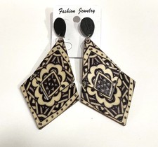 Boho Chic Tribal Printed Geometric Wooden Dangle Earrings Black  Cream - 209