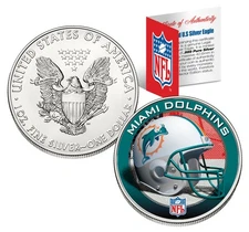 MIAMI DOLPHINS 1 Oz American Silver Eagle $1 US Coin Colorized NFL LICENSED