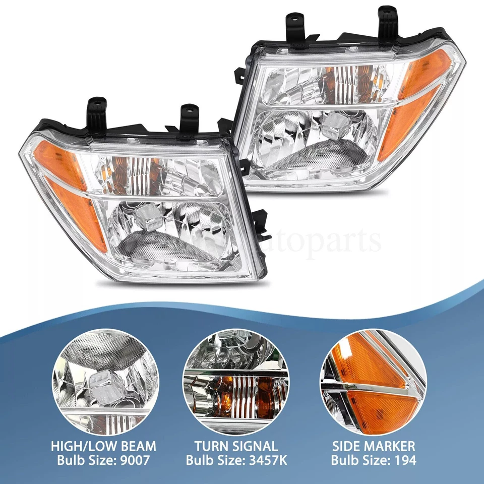 For 2005-2008 Nissan Frontier Pair Chrome Headlights 05-07 Pathfinder Headlamps - Image 4 of 4
