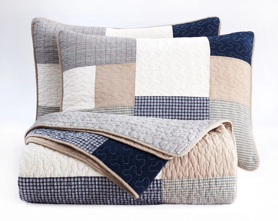 Addy Gray Taupe Plaid Patchwork Bedspread Coverlet Pre-Washed Cotton Quilt Set - Image 2 of 4