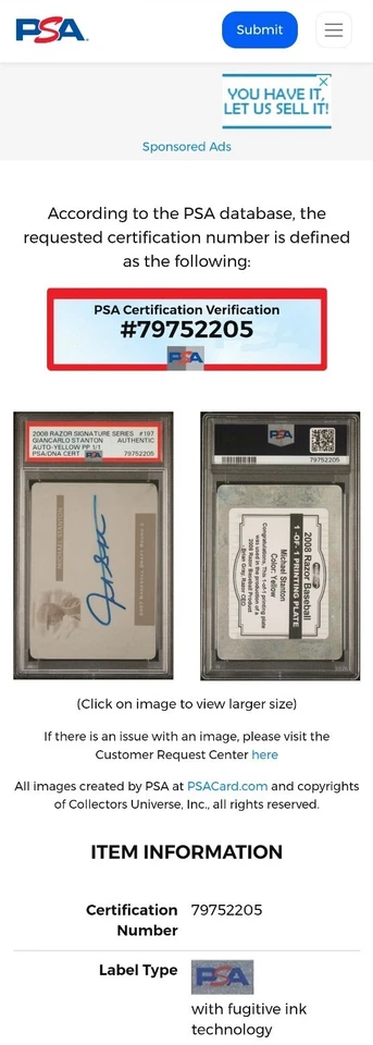 2008 Razor Mike Giancarlo Stanton Printing Plate 1/1 Signed PSA/DNA Auto POP 1 - Image 3 of 4