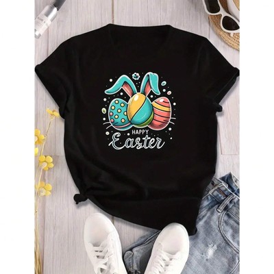 Ladies' Easter Pattern T-shirt Colorful Easter Egg Rabbit Design