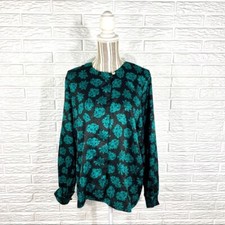 Vintage Worthington Green Black Satin Blouse Button Up Shirt Patterned Size 14