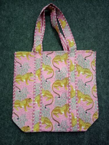 Indian Pink Tiger Printed Quilted Shoulder Bag Women's Beach Cotton Handbag US - 第 1/2 張圖片