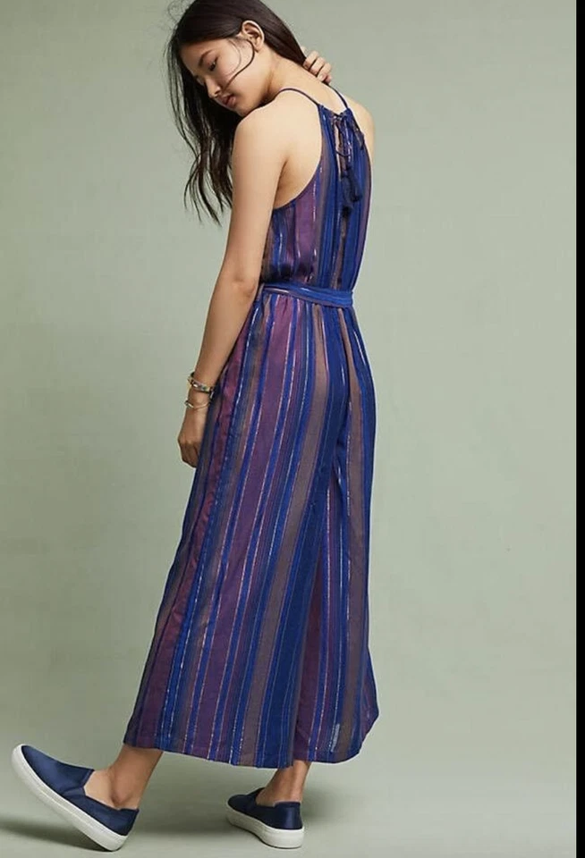 NUEVO 8 $148 Mono Halter Anthropologie Cleobella Lois Rayas Metálicas Pierna Ancha Foto 2 de 4