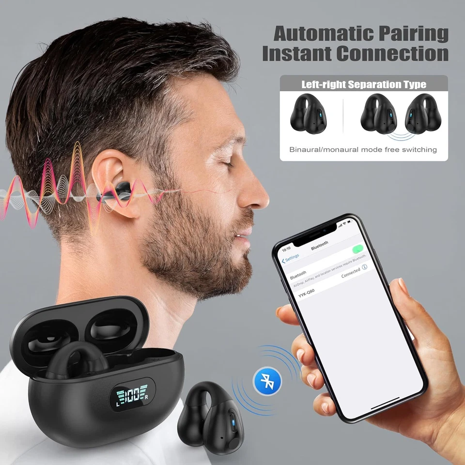 Bluetooth 5.3 Headset Wireless Ear Clip Earbuds Bone Conduction Headphones Sport - Image 3 of 4