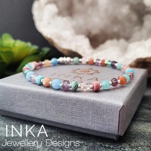 Inka 925 Sterling Silver Heshi Mixed  Gemstone bead Bracelet with Inka charm