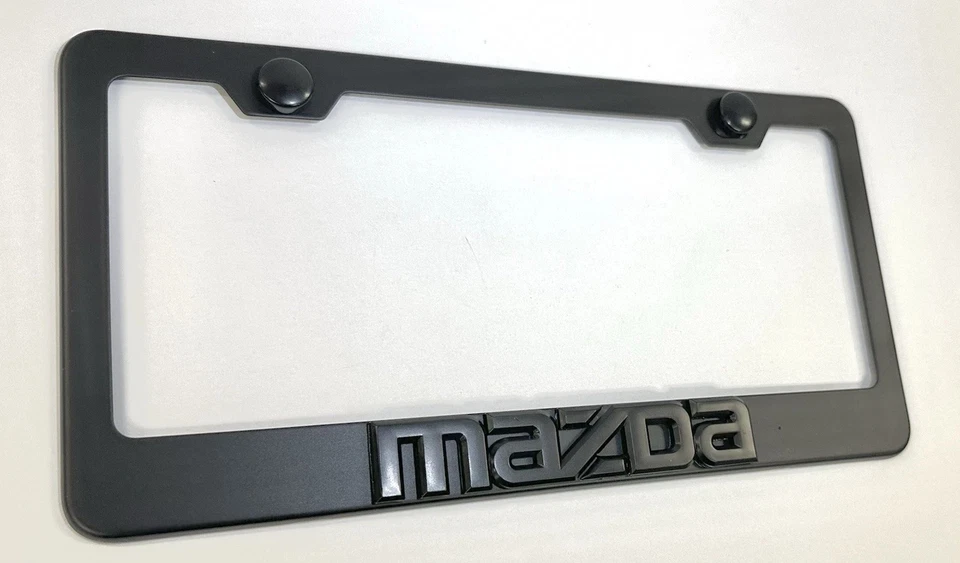 Marco de matrícula negro mate de acero inoxidable emblema Mazda 3D con tapas Foto 2 de 4