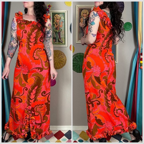 Vintage 1960s Day Glo Hawaiian Print Sleeveless Ruffle Maxi Dress | 28" Waist - Picture 3 of 5