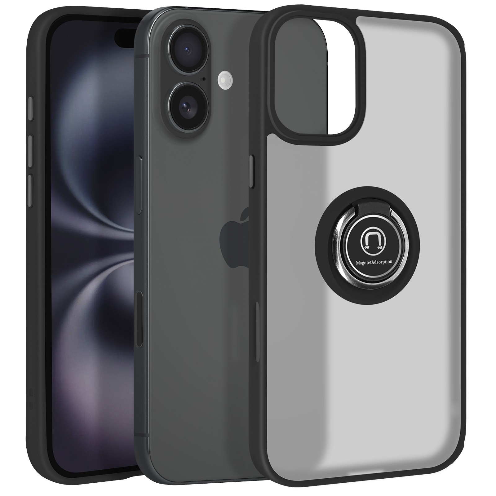 Coque iPhone 16 anneau métal noir pour visionner vos séries en train