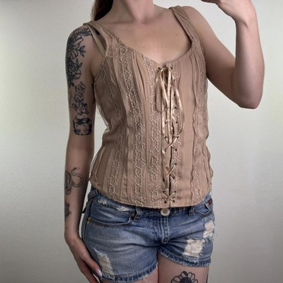 Y2K Vintage Knochen Schnür Bustier Top Schleife Beige Tailliert Tank Strukturiert