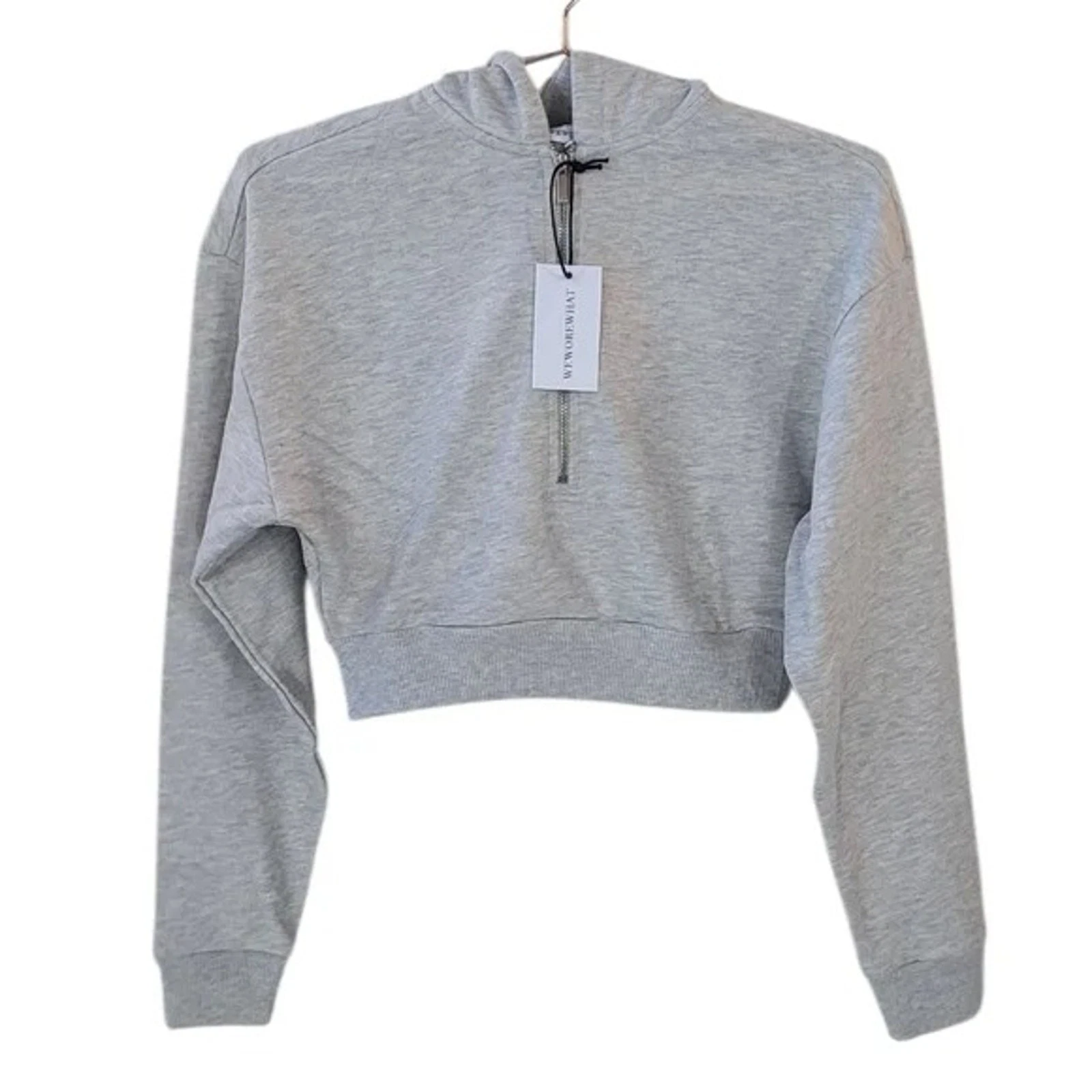 NWT WeWoreWhat Cropped Half Zip Fleece Cotton Hoodie Long Sleeve XS Heather Grey