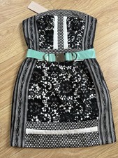 Three floor Stunning Strapless Black & White Mini Dress With Mint Green Belt