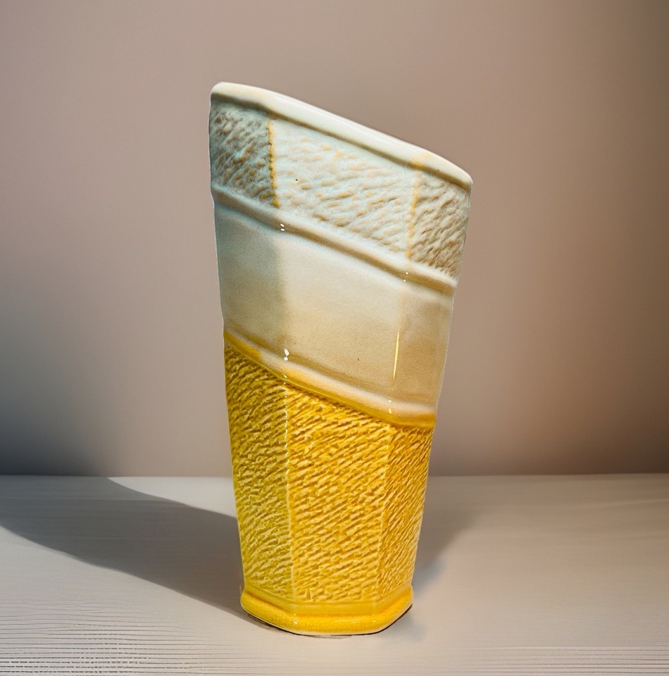 Mid Century Modern Asymmetrical Slant Top Art Pottery Vase Textured Yellow White