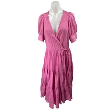 Rhode Womens Pink Short Puff Sleeve V-Neck A Line Tiered Wrap Midi Dress Size XS
