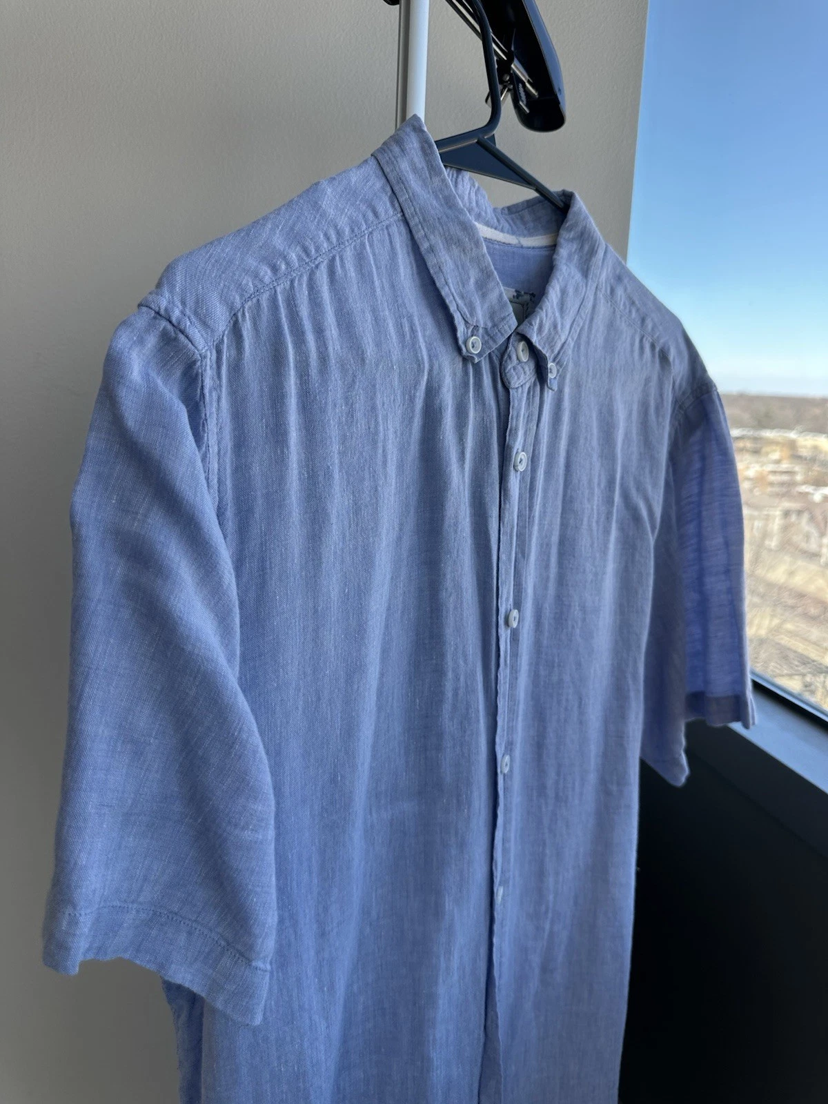 Report Collection Heritage Linen Light Blue Button Up Short Sleeve Shirt XL