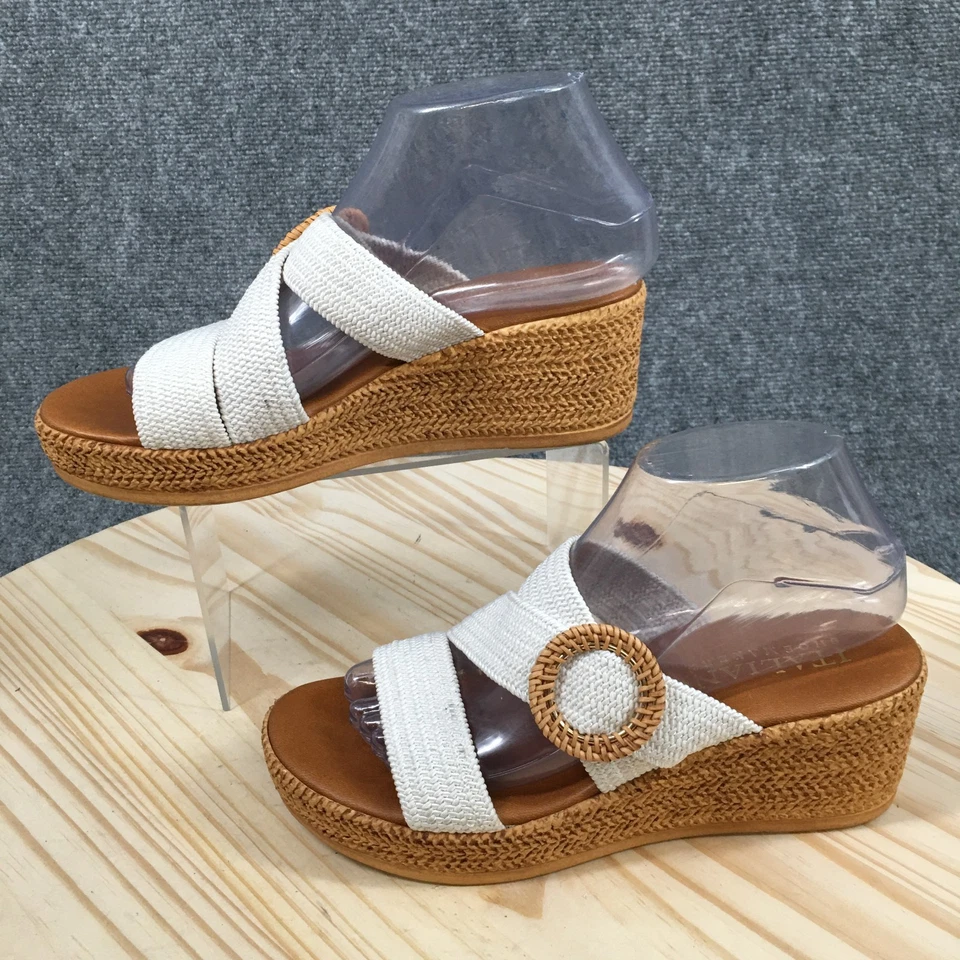 Sandalias Italianas Zapateras Mujer 8.5 Grania Sin Cordones Cuña Deslizable Blanco Marrón Foto 2 de 4