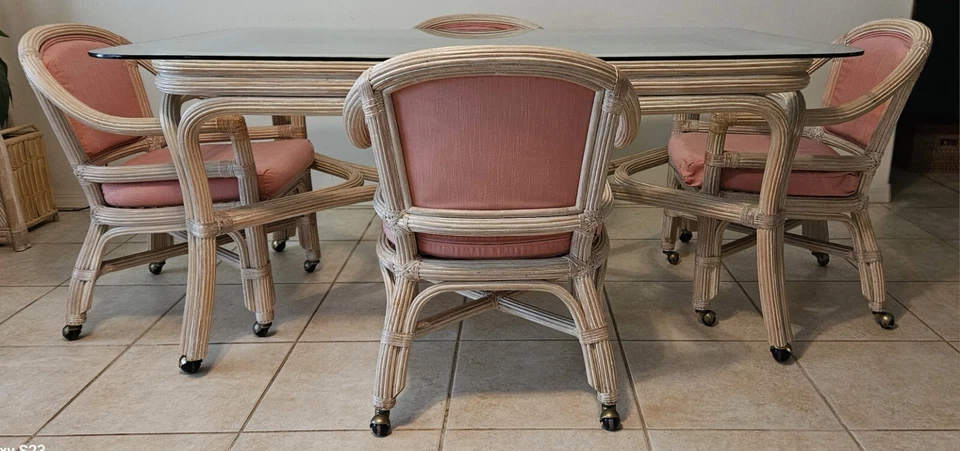 Henry Link PALM BEACH REGENCY 7 PIEZAS JUEGO DE COMEDOR RATÁN BLANCO LAVADO CORAL Foto 4 de 4