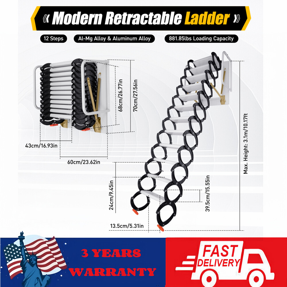 White Wall-Mounted Folding Loft Ladder with 12 Pull-Down Steps