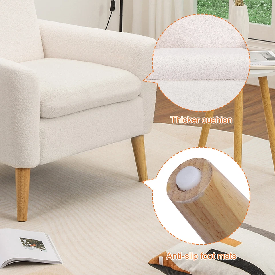 Sherpa Accent Chair White Teddy Fabric Living Room ArmChair Small Sofa Wood Legs - Image 4 of 4