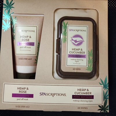 SpaScriptions Hemp & Rose Peel-Off Mask & Hemp + Cucumber Makeup Wipes Set New 
