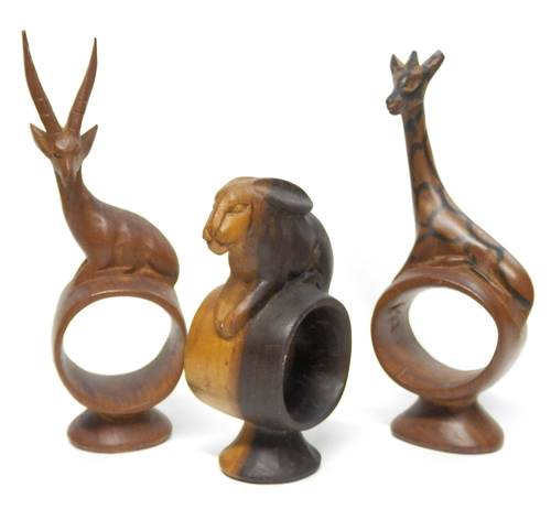 Carved African Mahogany Animal Napkin Rings Giraffe Rabbit Antelope Set of 3 - Picture 3 of 6