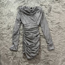 House of CB Giorgiana Satin Ruched Long Sleeve Mini Dress Glitter Silver Sz XS