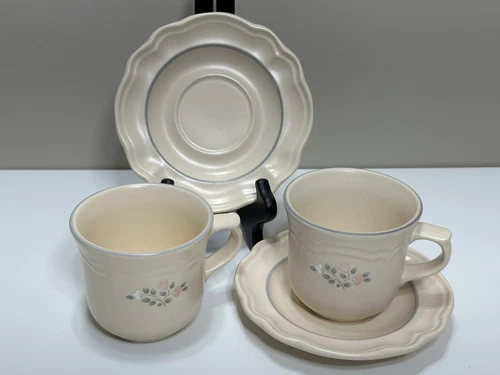 Pfaltzgraff Remembrance - Cup & Saucer 4pc Set - Scalloped Floral - USA VTG NEW