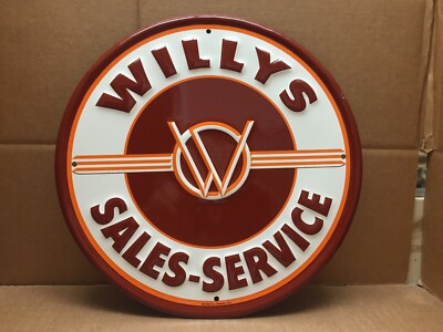 TIN EMBOSSED METAL SIGN AAA SIGN CO 1980's OHO WILLYS SALE SERVICE ROUND 11 3/4''