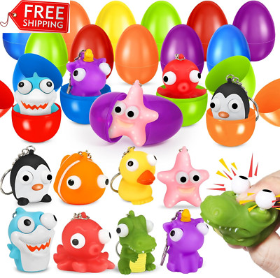 24 Pack Prefilled Easter Eggs with Animal Popping Eyes Toys, Squeeze Toys with P