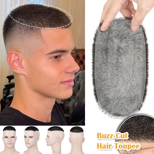 Mens Toupee Human Hair Systems Thin Skin PU Hair Piece Replacement Buzz Cut/Back - Picture 5 of 18