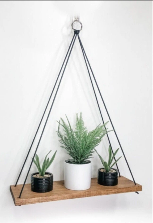 Solid Natural Wood Floating Shelves Rustic Wooden Hanging Rope Wall Shelf  - Image 4 of 4